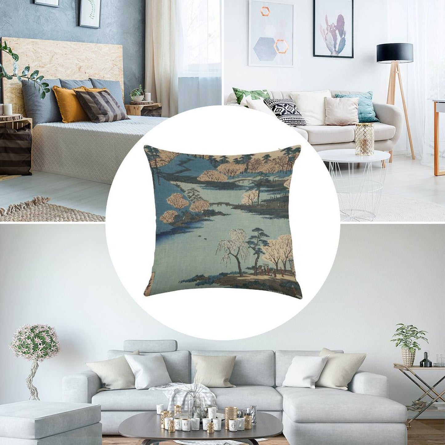 Vintage 1800's Japanese River Landscape Art Linen Throw Pillow Cover
