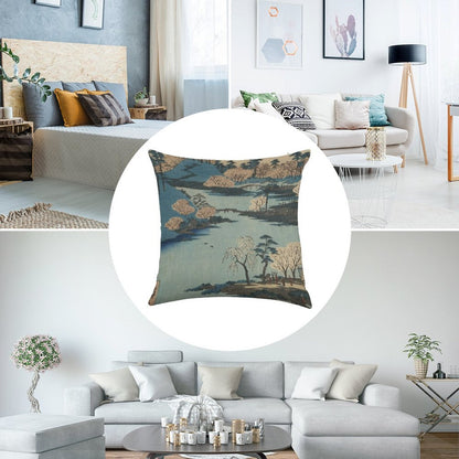 Vintage 1800's Japanese River Landscape Art Linen Throw Pillow Cover