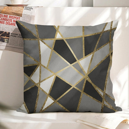 Black & Gray Modern Geo Gold Triangles Linen Throw Pillow Cover
