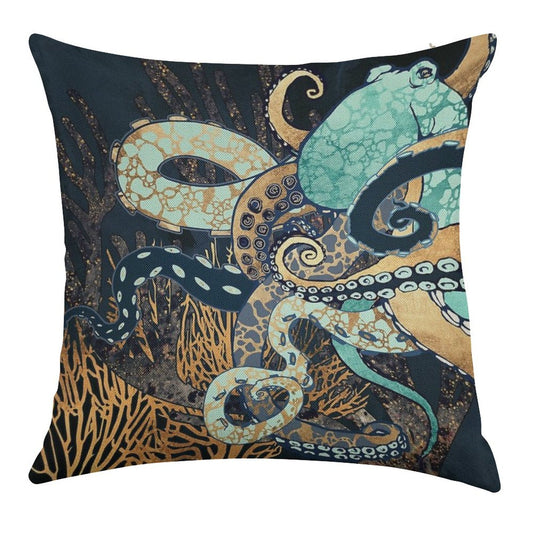 Metallic Octopus II Linen Throw Pillow Cover