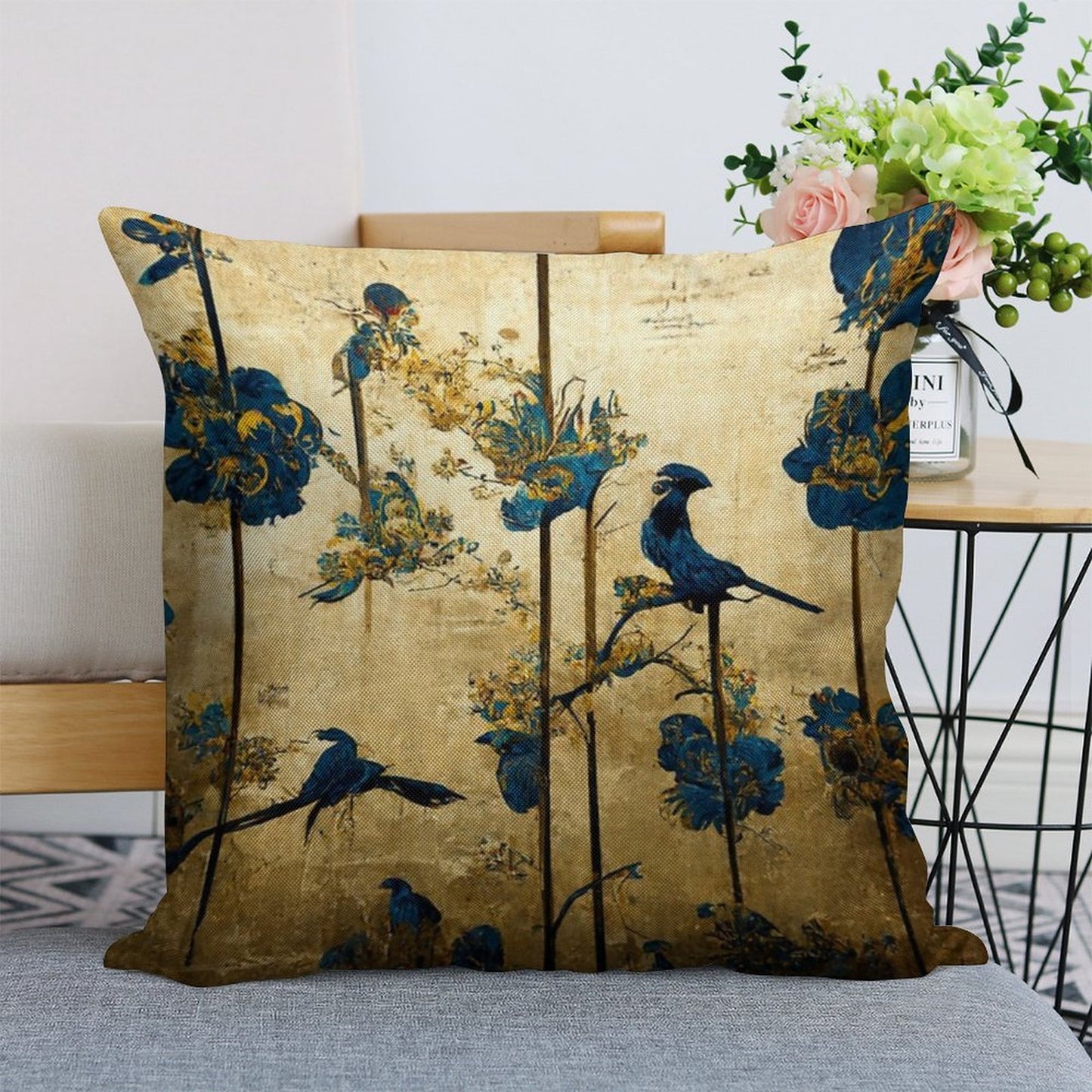 Blue And Gold Chinoiserie Painting with Birds And Flowers Linen Throw Pillow Cover