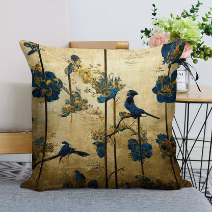 Blue And Gold Chinoiserie Painting with Birds And Flowers Linen Throw Pillow Cover