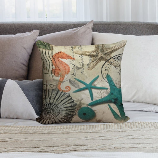Dark Academia Coastal Seashell Teal Starfish Seahorse Ocean Beach Soft Short Plush Fabric Throw Pillow