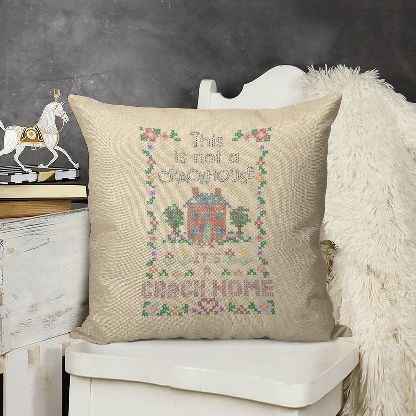 A Crack Home - Cross Stitch Embroidery Linen Throw Pillow Cover
