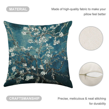Van Gogh Almond Blossoms Dark Teal Linen Throw Pillow Cover