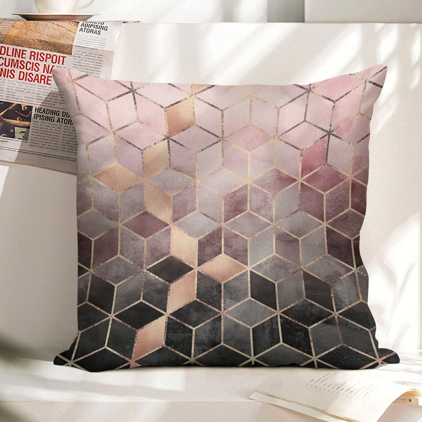 Pink And Grey Gradient Cubes Linen Throw Pillow Cover