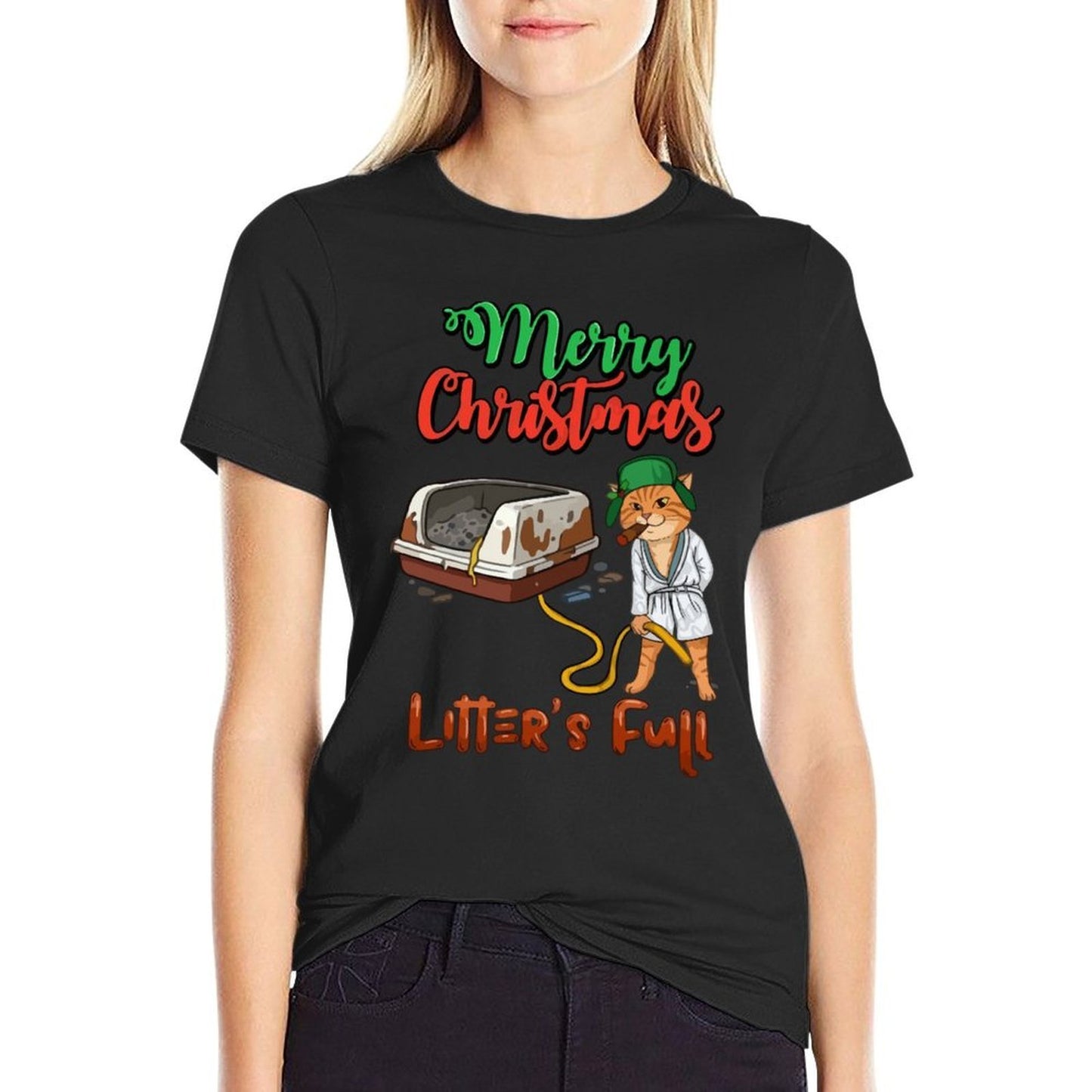 Litters Full Merry Christmas Funny Cat Lovers Holidays Xmas  High-quality Stitching T-Shirt
