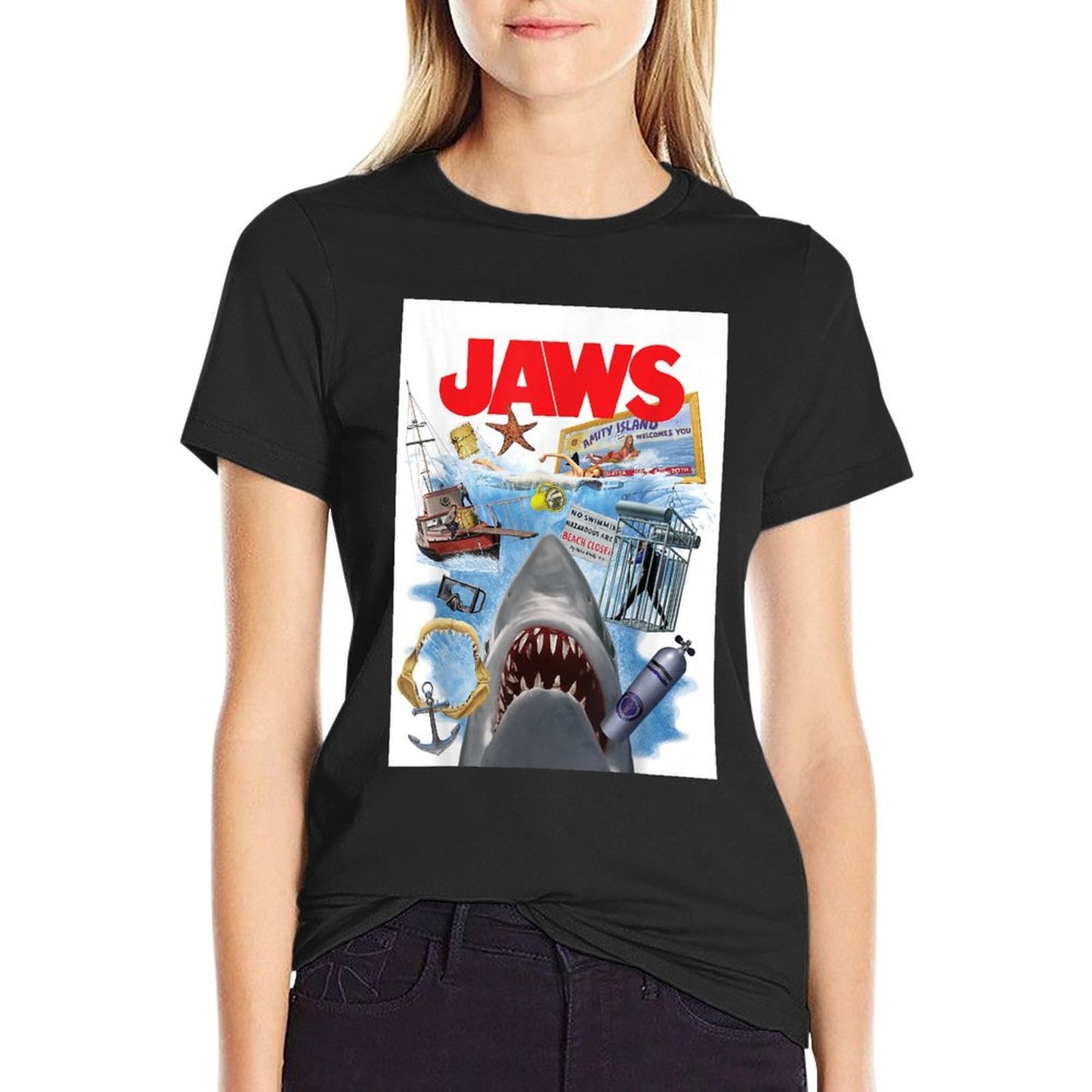 Jaws 50th Anniversary Poster Amity Island Collage 2-Sided  Cotton T-Shirt