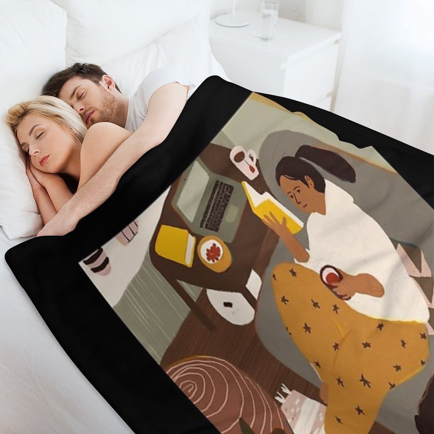 Girl Is Reading A Book at Cozy Home Interior with A Cat Throw Blanket