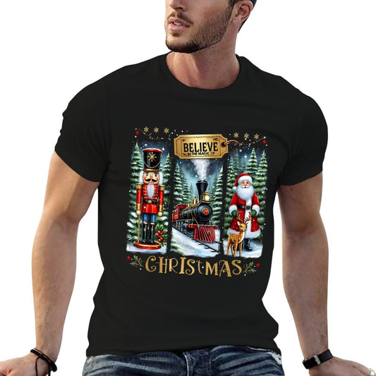 Believe In The Magic of Christmas Train Nutcracker Santa  Polyester Blend T-Shirt