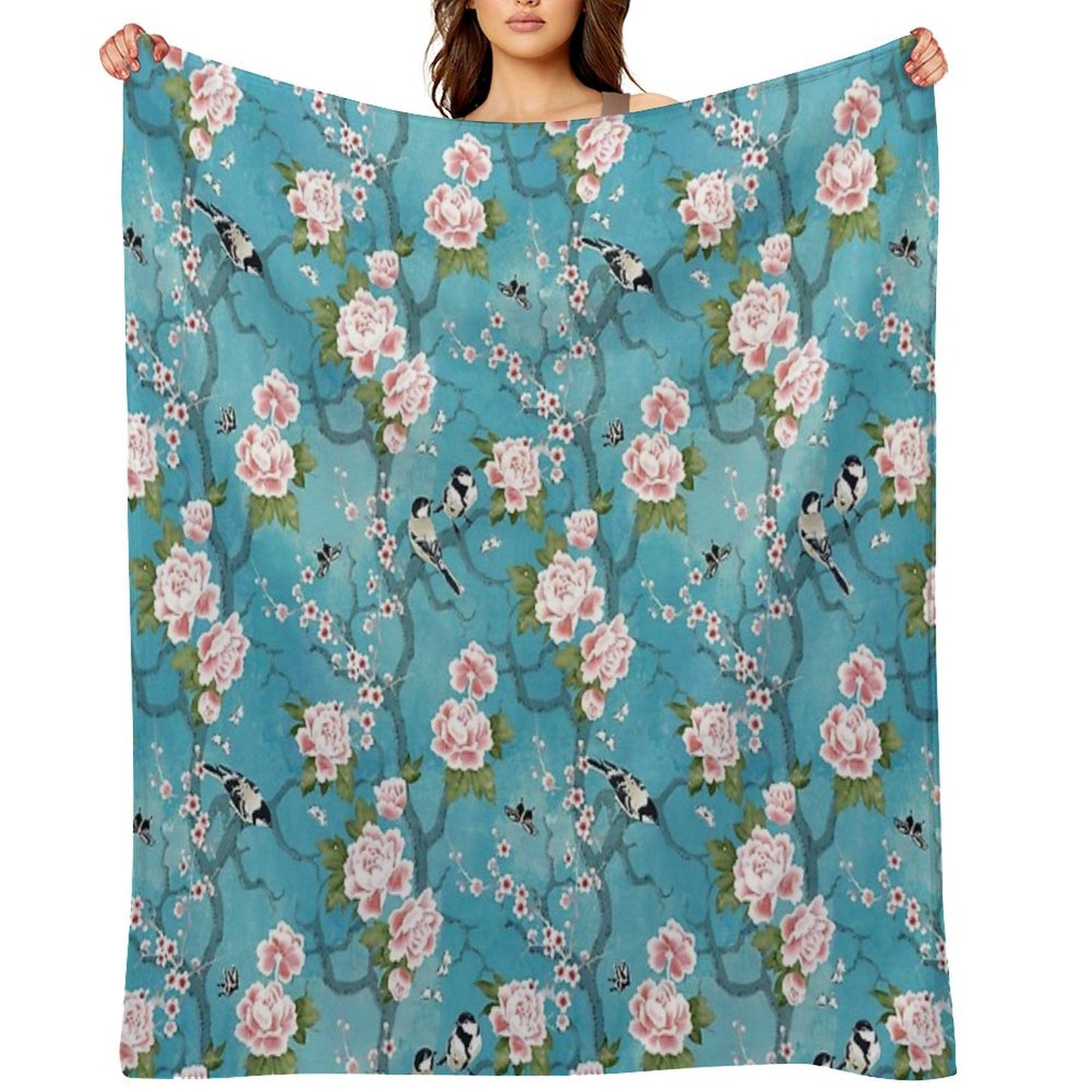 Chinoiserie Birds in Turquoise Blue Throw Blanket