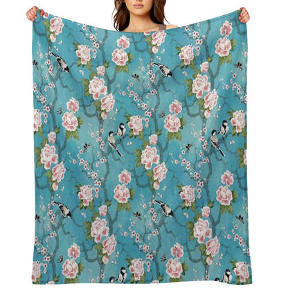 Chinoiserie Birds in Turquoise Blue Throw Blanket