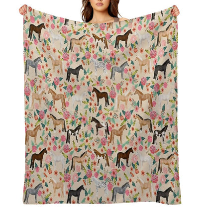 Horses Floral Horse Breeds Farm Animal Pets Throw Blanket