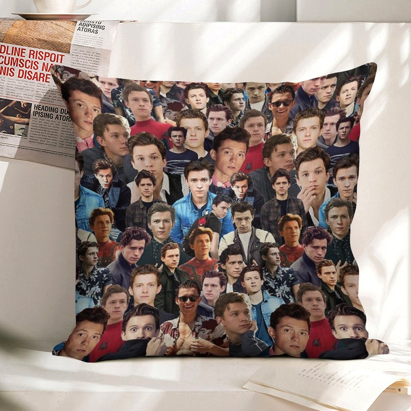 Tom Holland Collage Linen Throw Pillow Cover