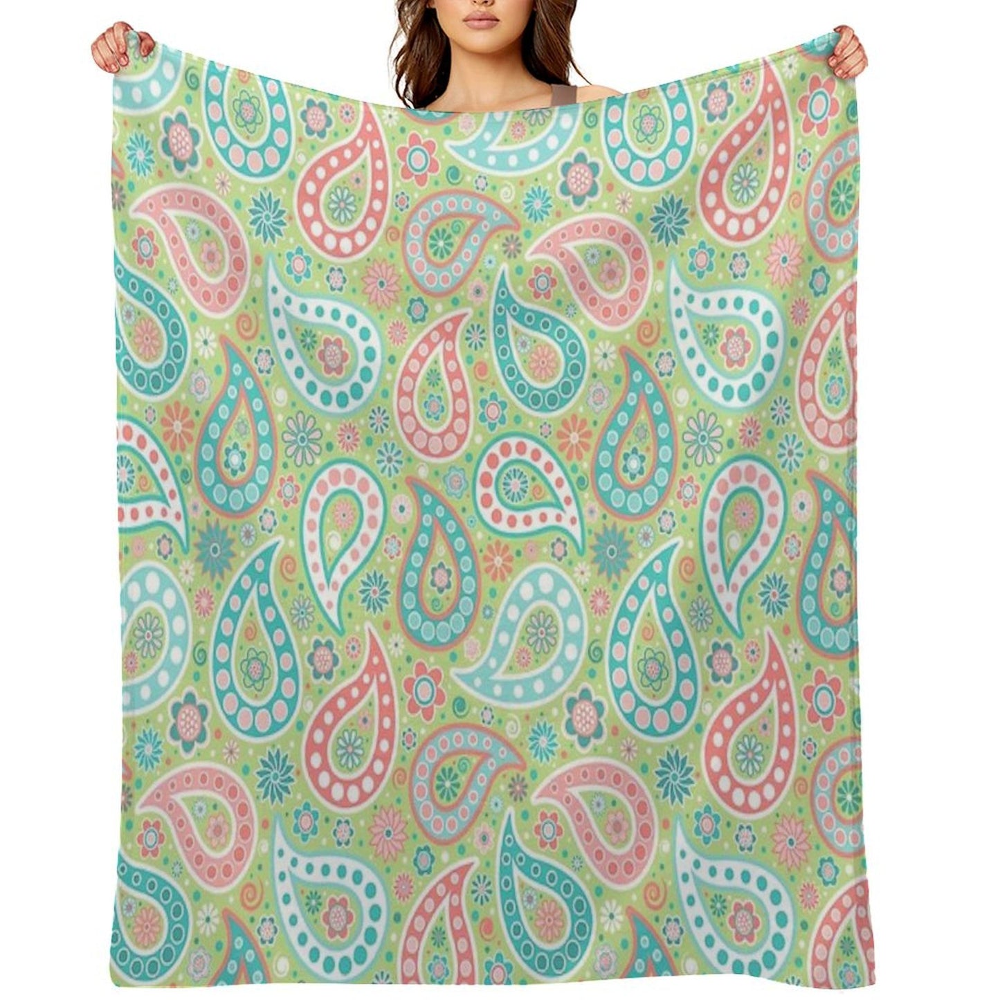Paisley in Green, Turquoise Blue, Coral Pink And White Throw Blanket