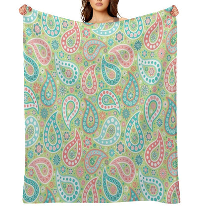 Paisley in Green, Turquoise Blue, Coral Pink And White Throw Blanket
