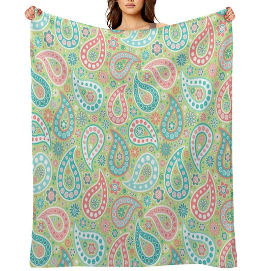 Paisley in Green, Turquoise Blue, Coral Pink And White Throw Blanket