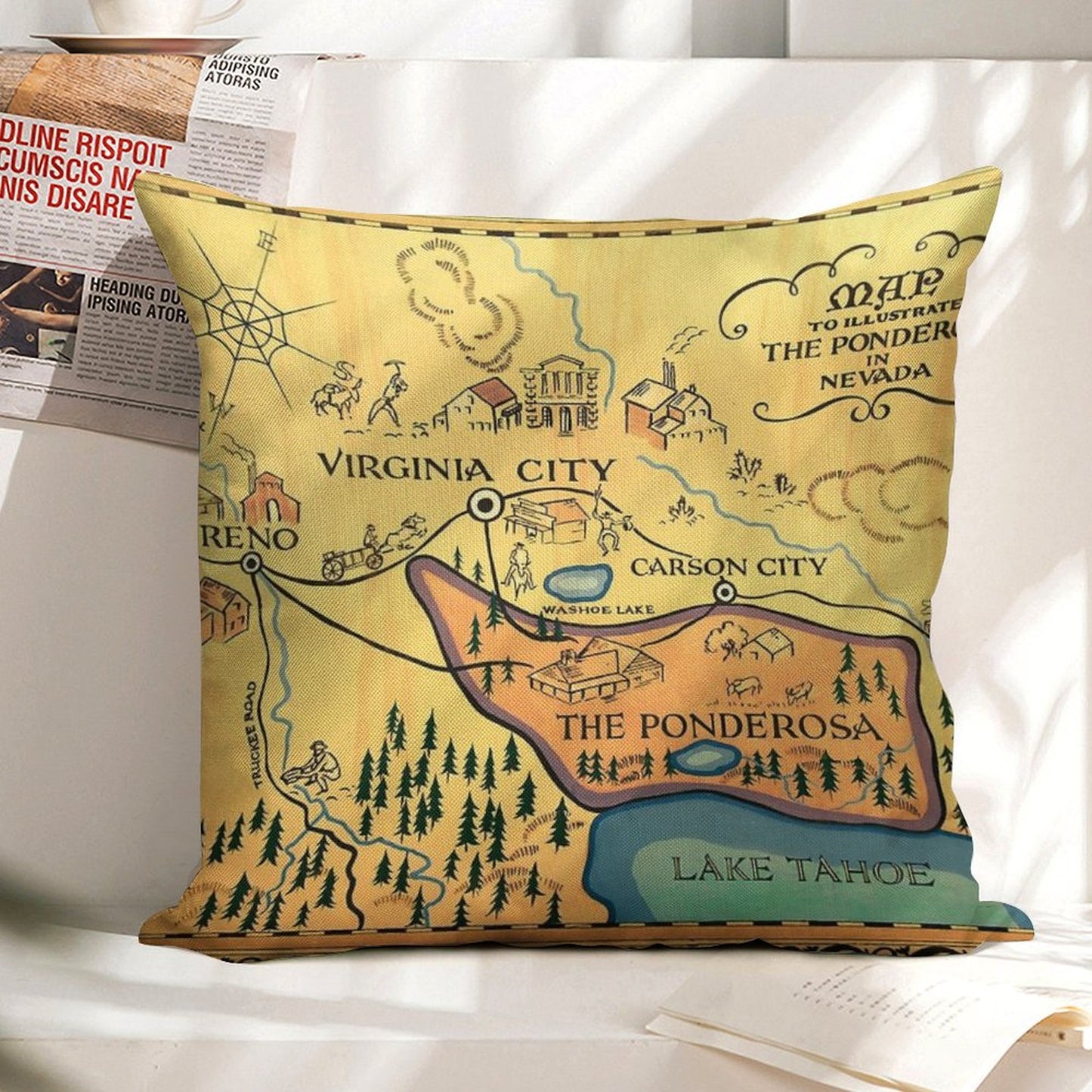 Map of The Ponderosa from 'Bonanza' Linen Throw Pillow Cover