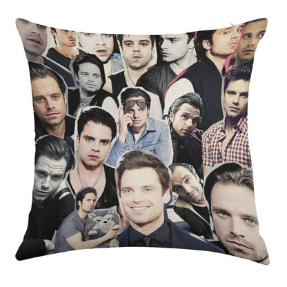 Sebastian Stan Collage Linen Throw Pillow Cover