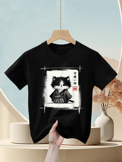 Samurai Cat Japanese Art Sumi-e Novelty Kawaii Funny Cat Kids T-Shirt
