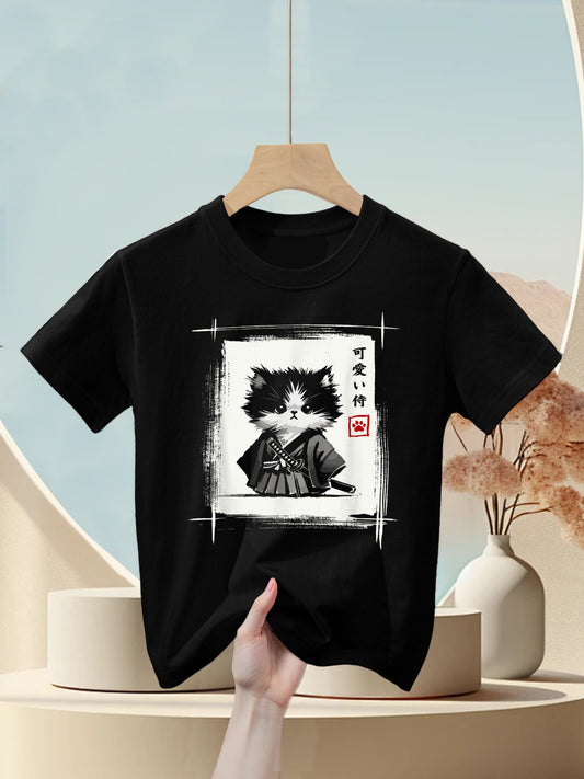Samurai Cat Japanese Art Sumi-e Novelty Kawaii Funny Cat Kids T-Shirt