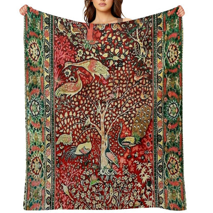 Antique Persian Rug Bird Tree Flowers Ca. 1600 Print Throw Blanket
