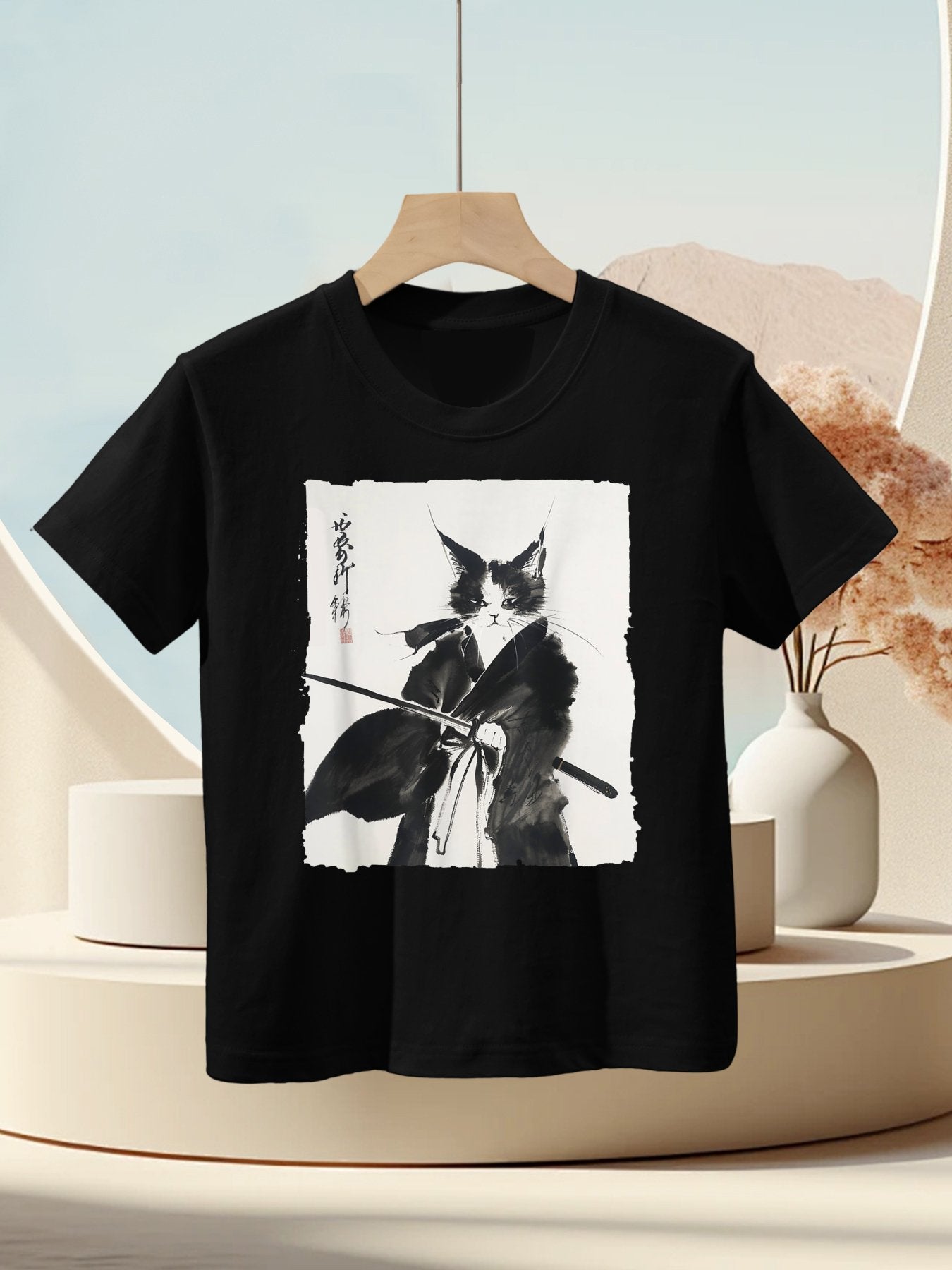 Samurai Cat Vintage Ukiyo-e Warrior Art Graphic Cat Art Kids T-Shirt