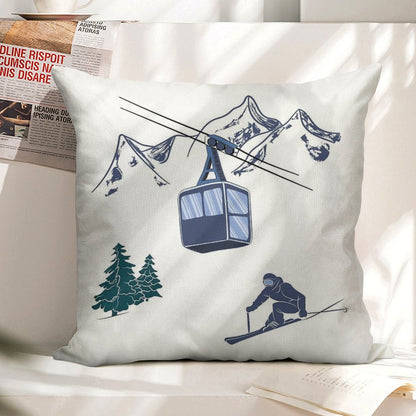 Ski Lift Resort Winter Sports Scene Linen Throw Pillow Cover