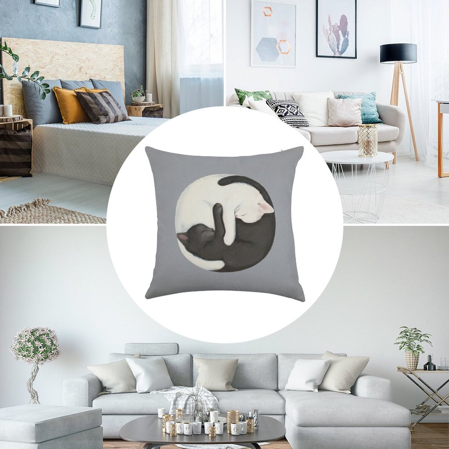 Yin Yang Balancing Cats Linen Throw Pillow Cover