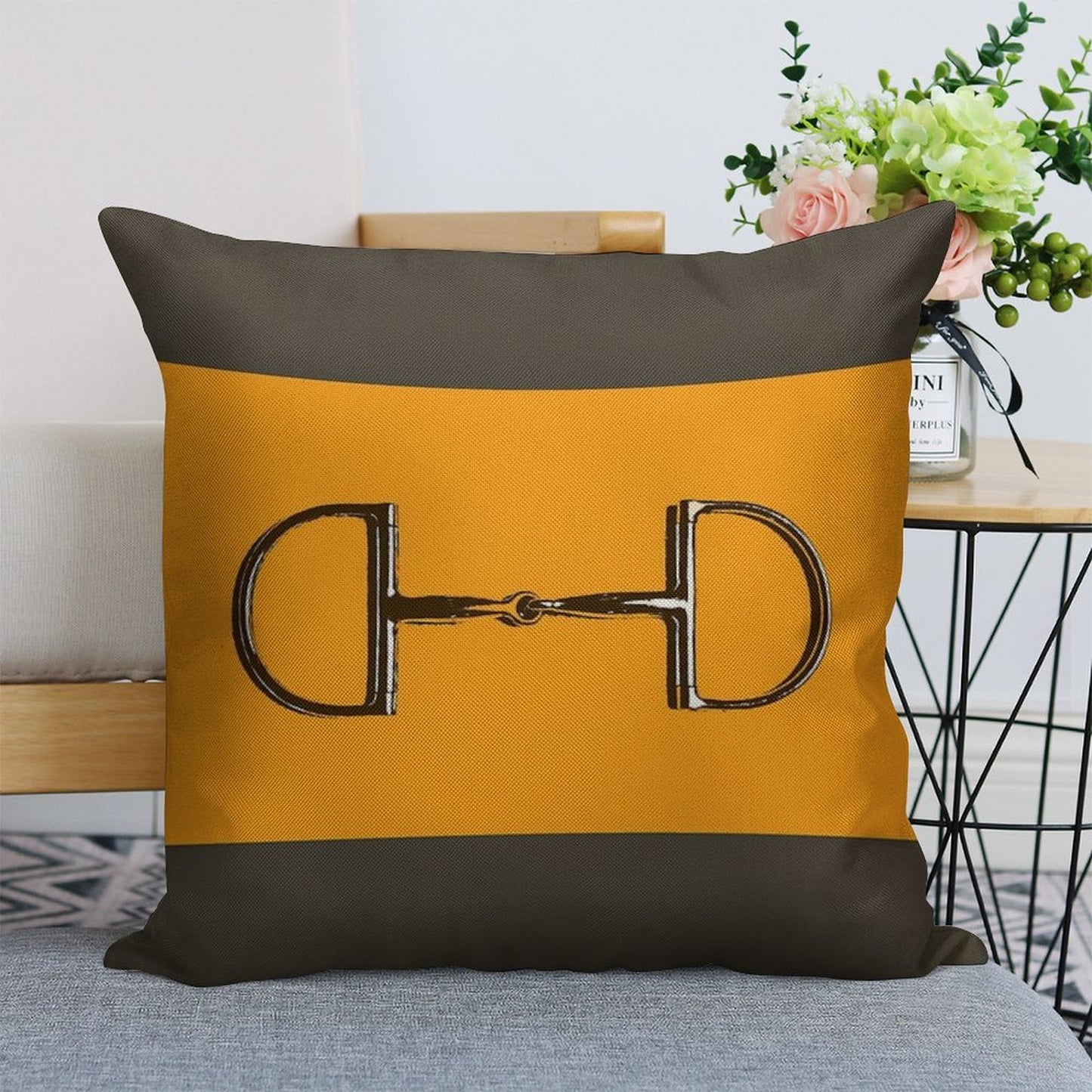 Orange Horse Bit with Taupe Background Linen Throw Pillow Cover