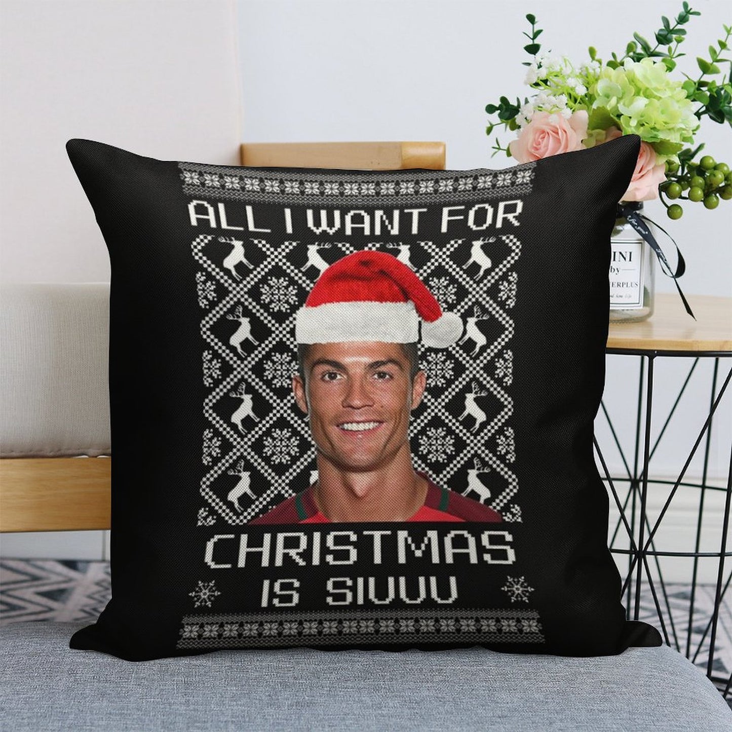 Cristiano Ronaldo Siuuu Christmas Sweater Linen Throw Pillow Cover
