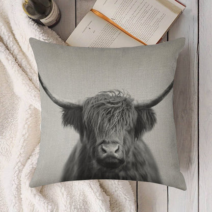 Highland Cow - Black & White Linen Throw Pillow Cover