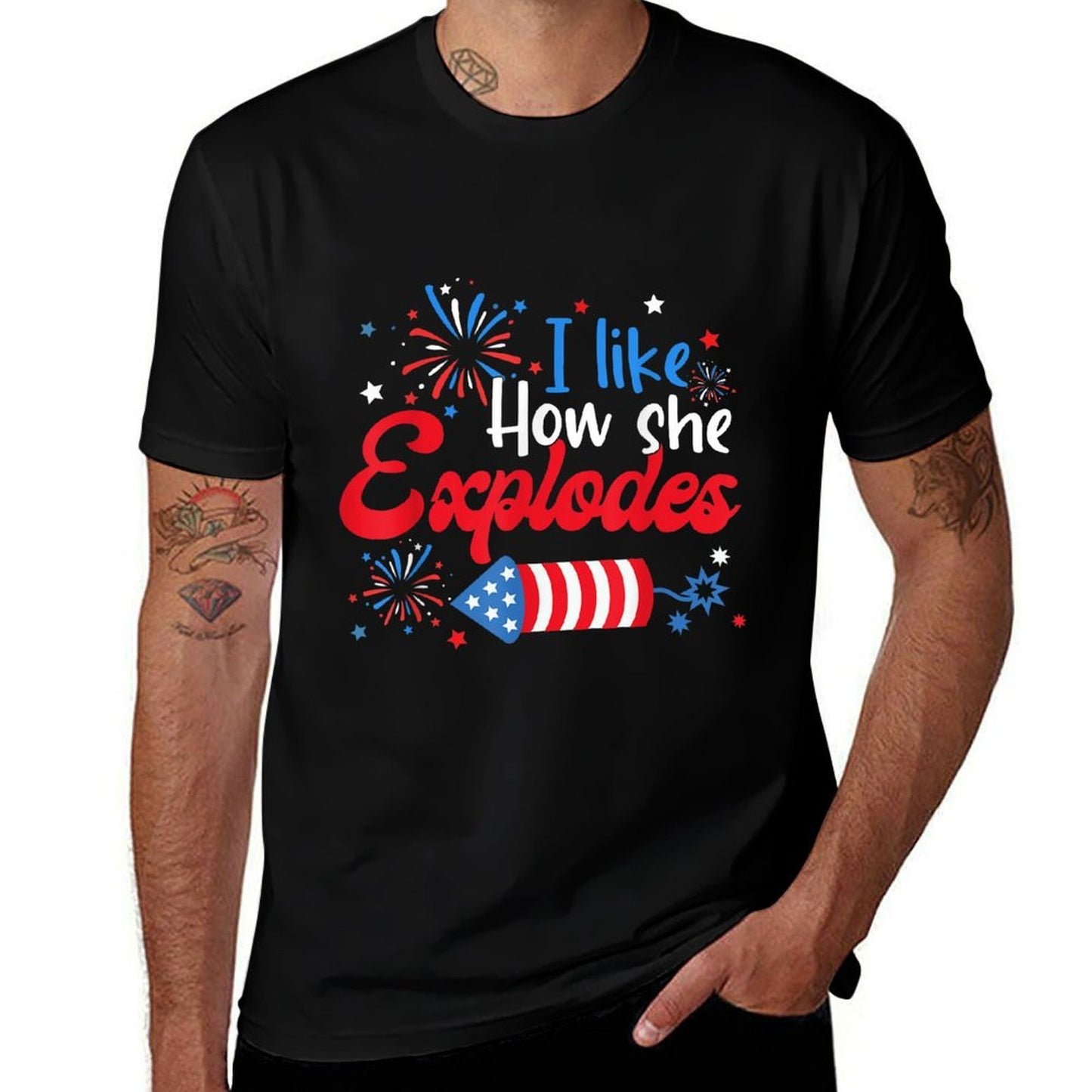 I Like How She Explodes Fireworks Funny Couple 4th Of July  Heathered Texture T-Shirt