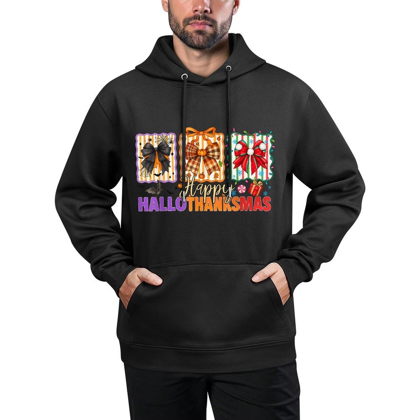 Bows Halloween Thanksgiving Christmas Happy HalloThanksMas Shape Retention Hoodie