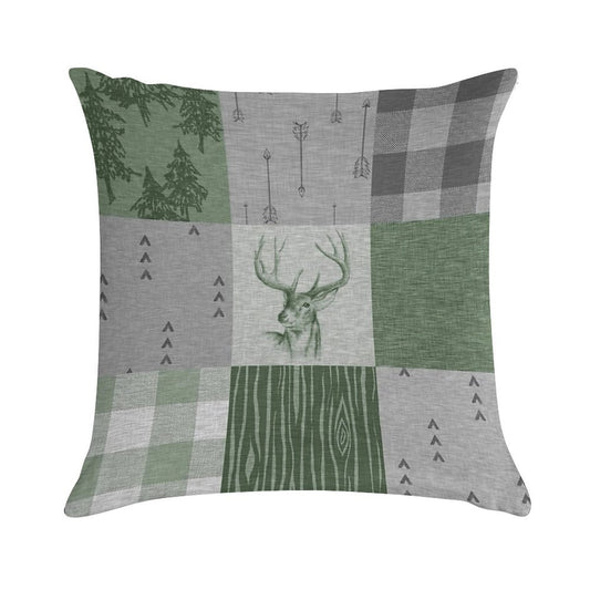 Rustic Deer Patchwork - GreenGrey Soft Fade-Resistant Throw Pillow