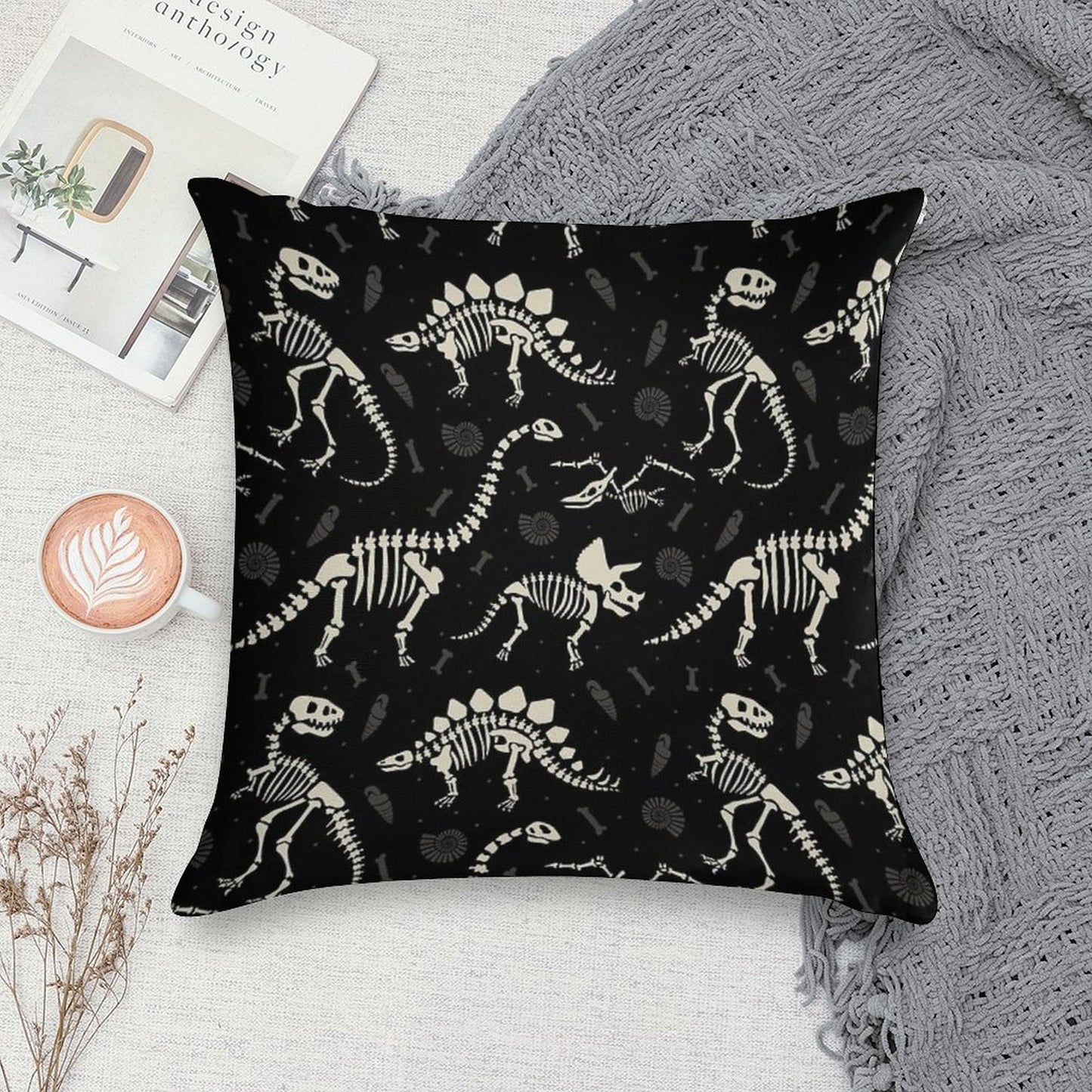 Dinosaur Fossils in Black Soft Shrink-Resistant Throw Pillow