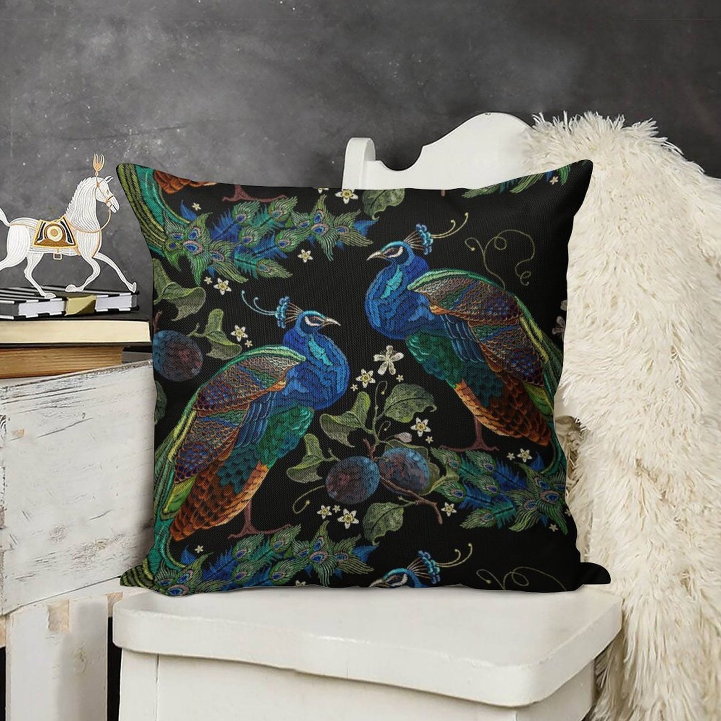 Embroidery Peacocks Linen Throw Pillow Cover