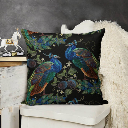 Embroidery Peacocks Linen Throw Pillow Cover