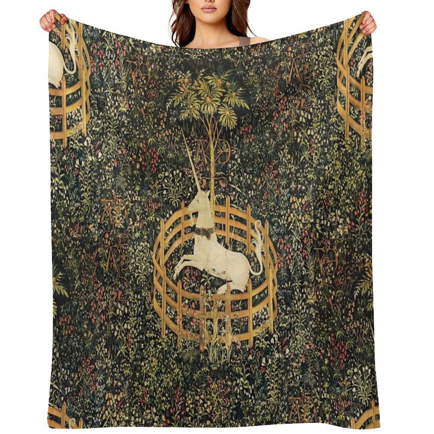 UNICORN IN CAPTIVITY AND GOTHIC FANTASY FLOWERS, GREEN FLORAL MOTIFS Throw Blanket