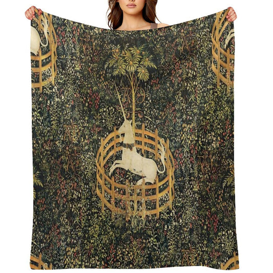 UNICORN IN CAPTIVITY AND GOTHIC FANTASY FLOWERS, GREEN FLORAL MOTIFS Throw Blanket