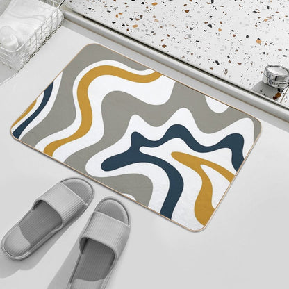 Liquid Swirl Contemporary Abstract in Mustard Yellow, Navy Blue, Grey, And White Bath Mat