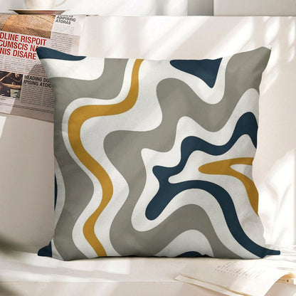 Liquid Swirl Contemporary Abstract in Mustard Yellow, Navy Blue, Grey, And White Linen Throw Pillow Cover