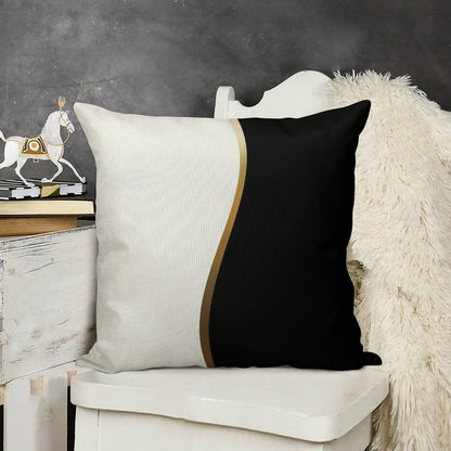 Black And White, Gold Wave Linen Throw Pillow Cover