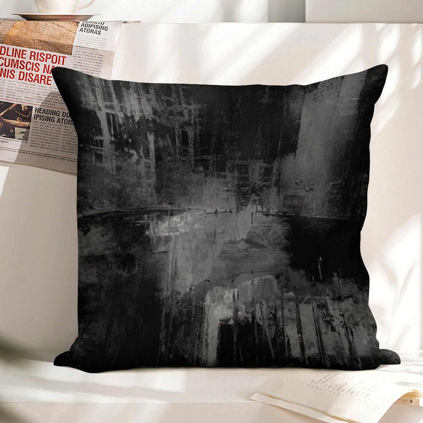 Black Gray Abstract Linen Throw Pillow Cover