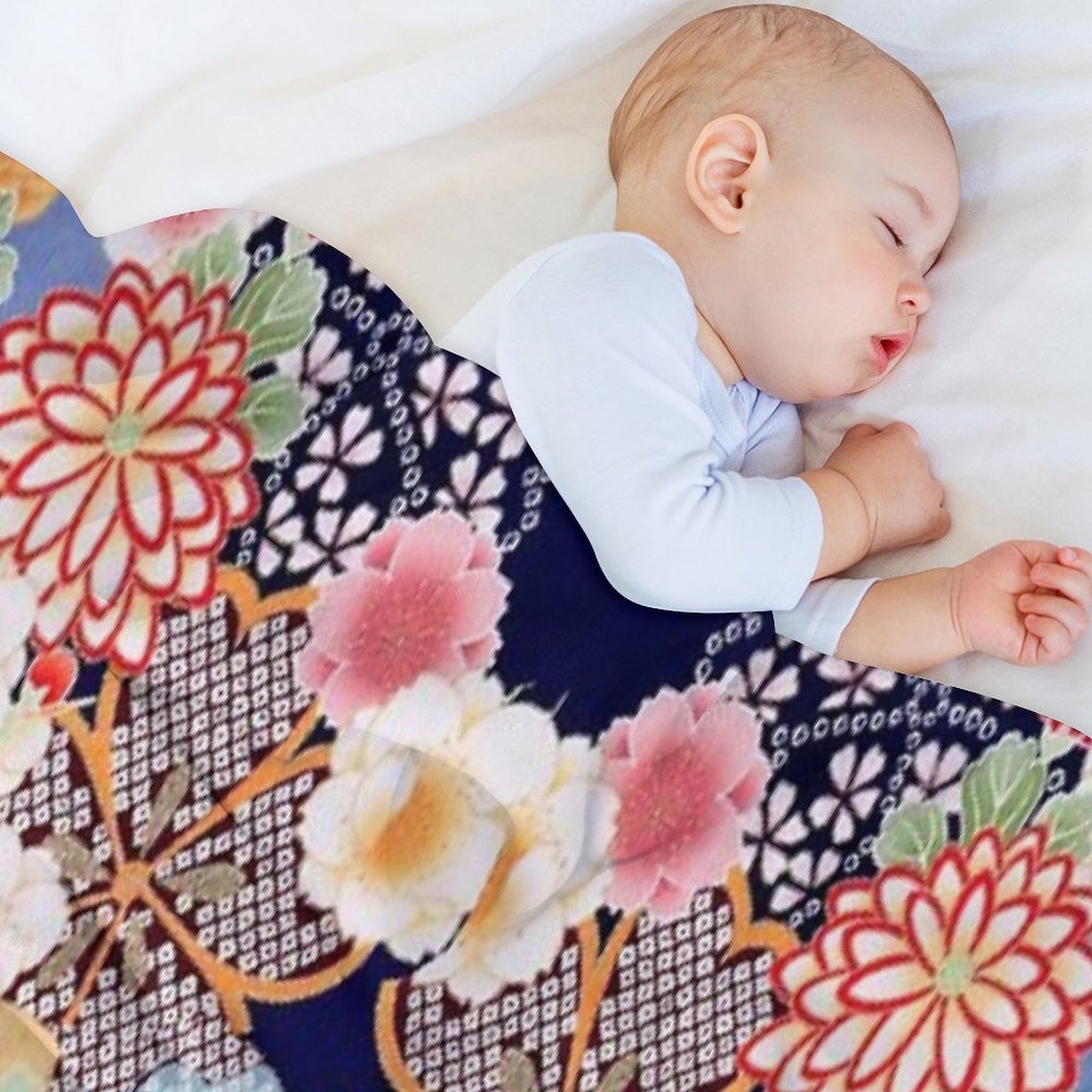 ANTIQUE JAPANESE FLOWERS Pink White Wild Roses Kimono Style Floral Throw Blanket