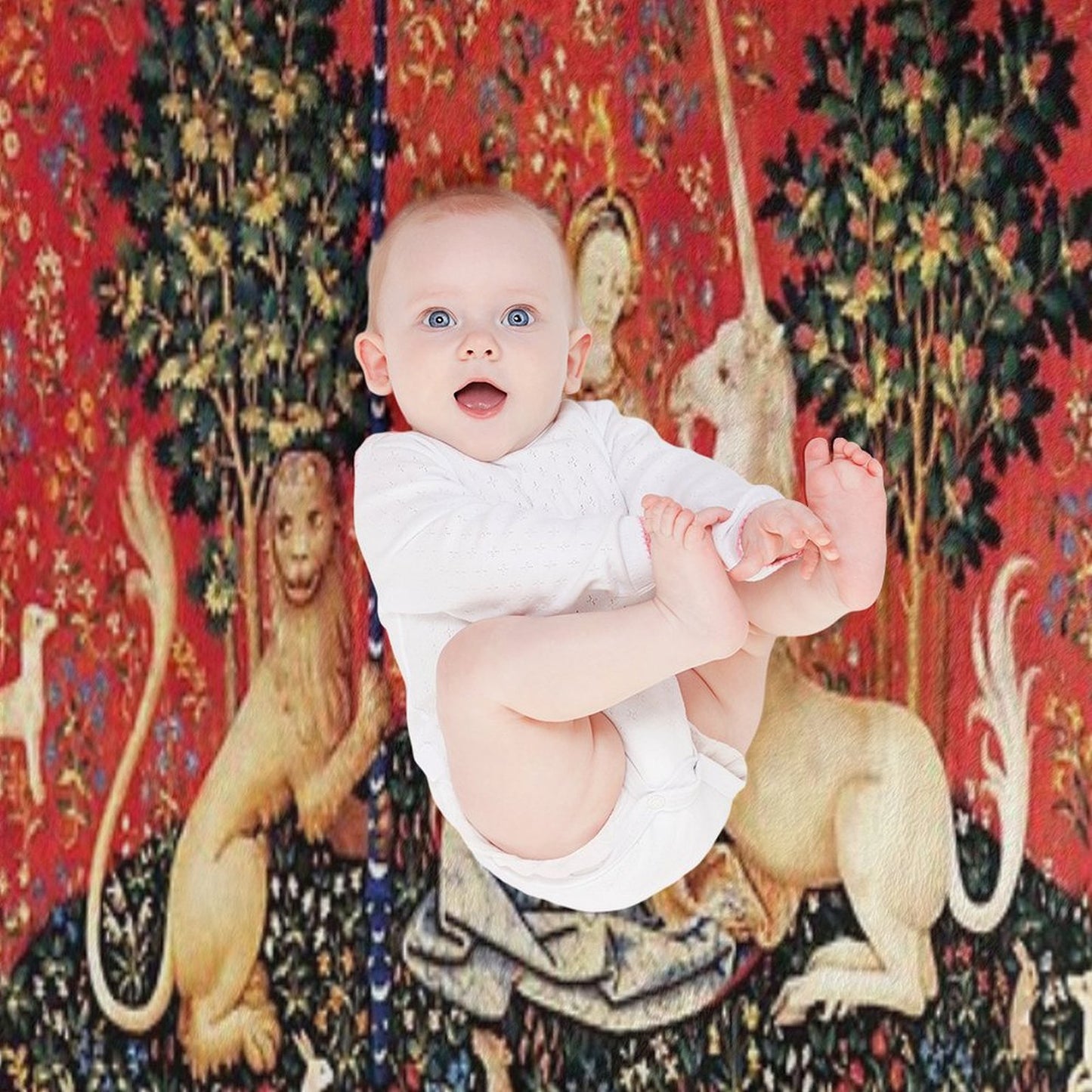 LADY AND UNICORN ,SIGHT  Red Green Fantasy Flowers,Animals Throw Blanket