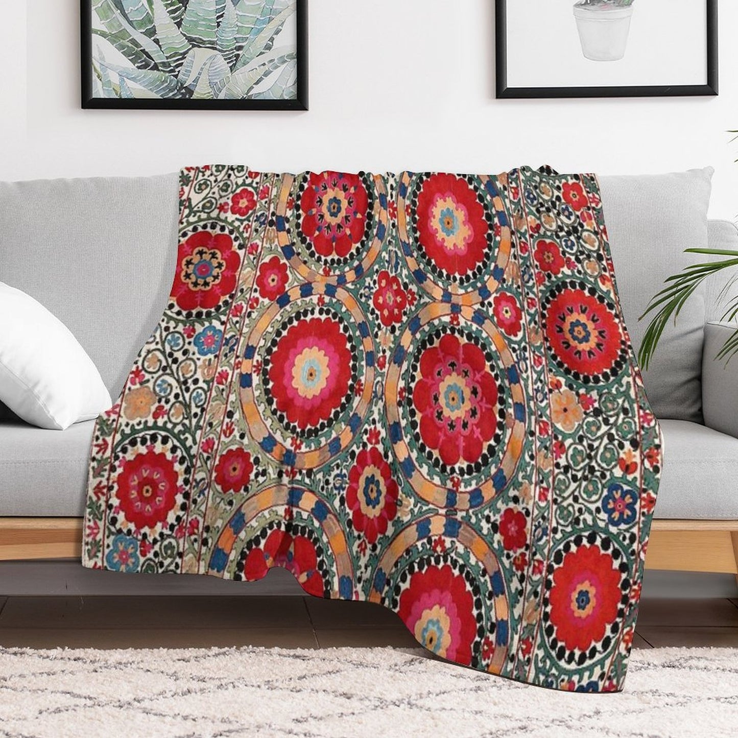 Karabag Suzani Uzbekistan Embroidery Print Throw Blanket