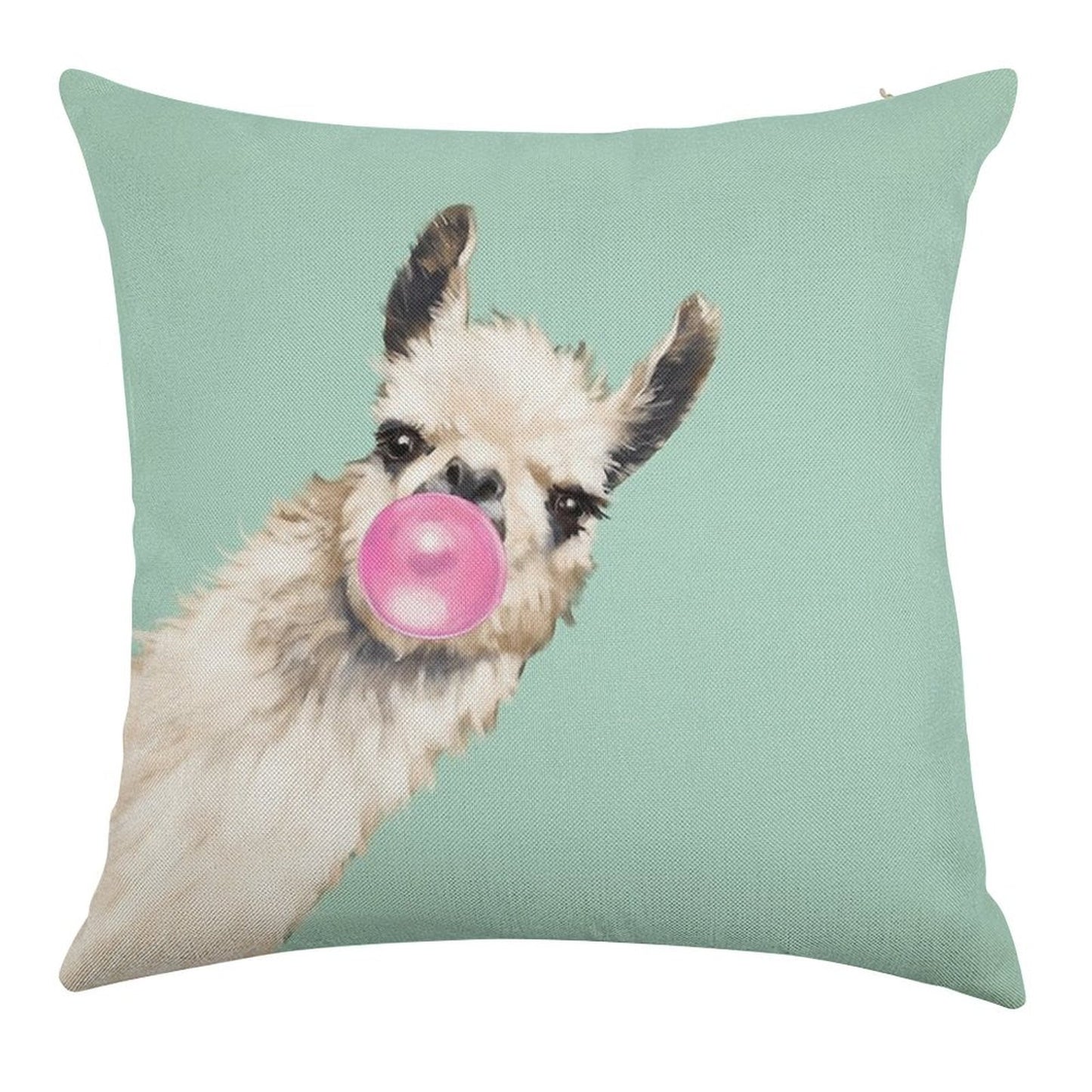Bubble Gum Sneaky Llama in Green Linen Throw Pillow Cover