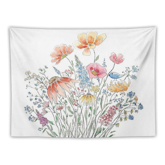 Hand Painted Wild Flower Bouquet And Blue Bird-line And Watercolor 2 Tapestry