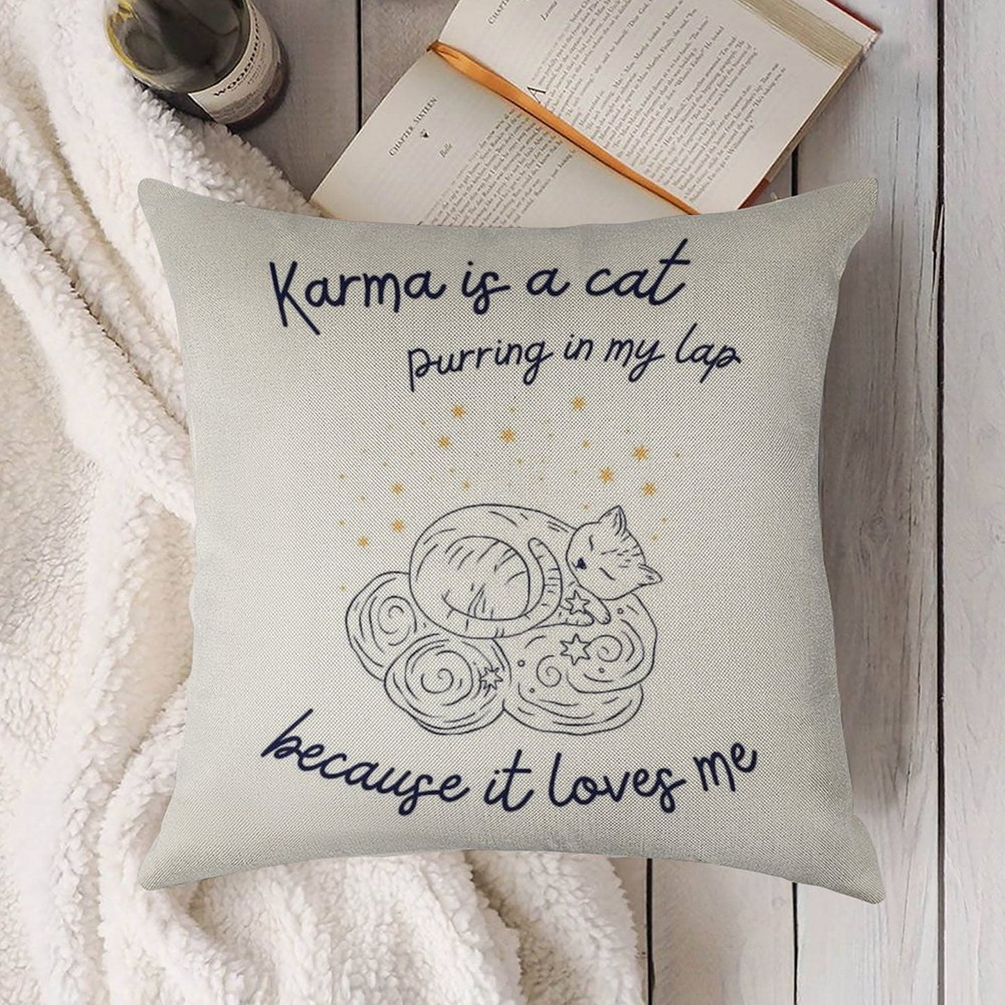 Karma Is A Cat Linen Throw Pillow Cover